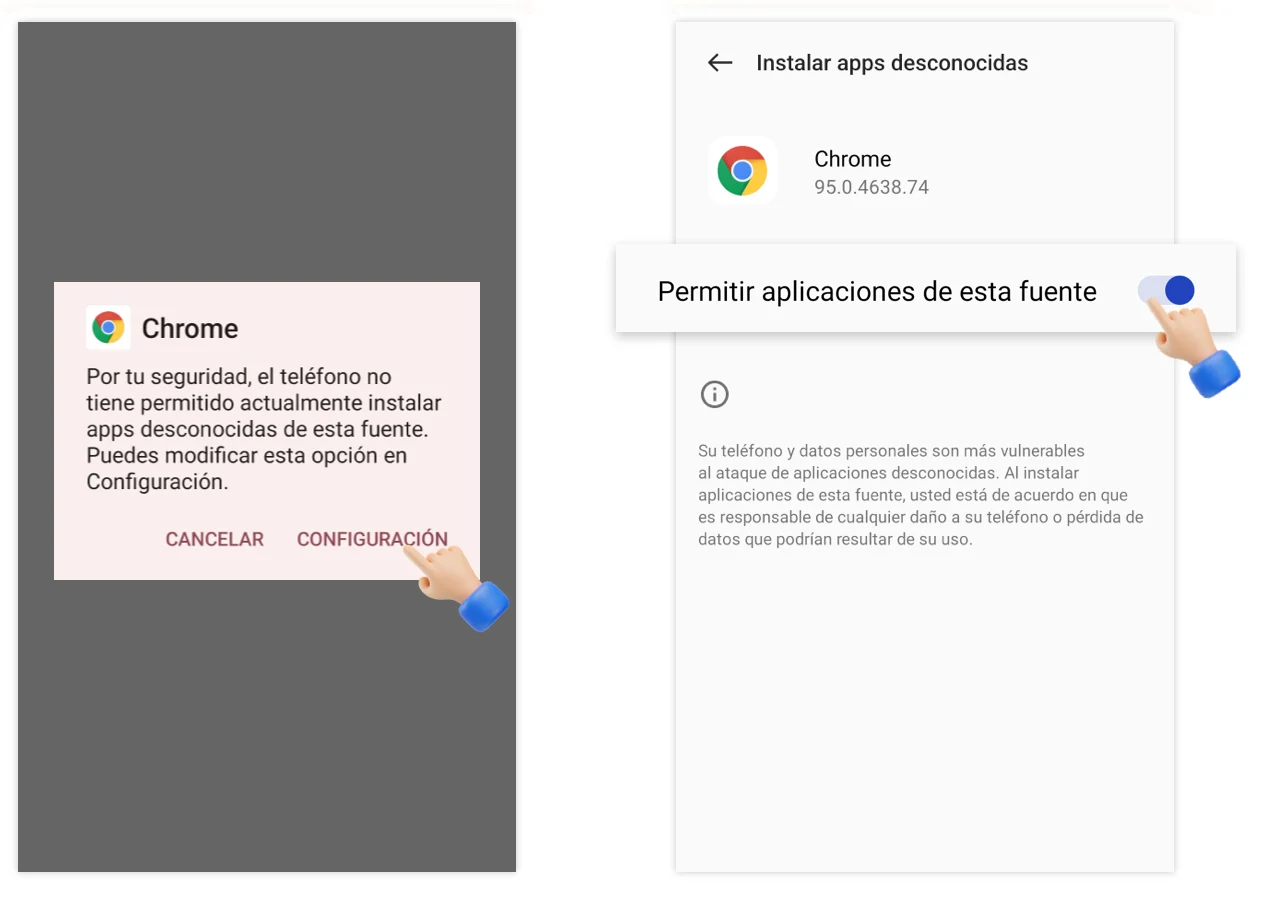 2. Haga clic en "CONFIGURACIÓN" y luego active "fuentes desconocidas". Debe activar las opciones para instalar aplicaciones desde Google Play Store.
