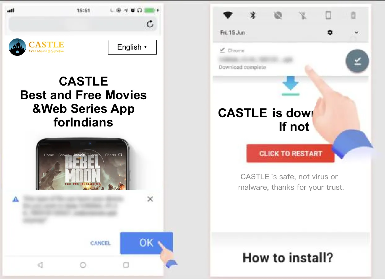 1.Click 'OK' on Chrome, then click the Download complete notification after download. There may be warnings while you downloading an APK file on Chrome. Click 'OK' to continue. Castle APK is safe, thanks for you trust.