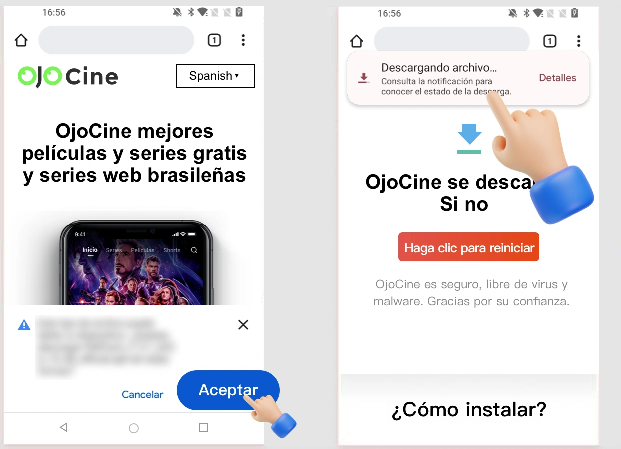 1. Haz clic en "Aceptar" en Chrome y, a continuación, haz clic en la notificación de descarga completa después de la descarga. Es posible que aparezcan advertencias mientras descargas un archivo APK en Chrome. Haz clic en "Aceptar" para continuar. OjoCine APK es seguro, gracias por tu confianza.